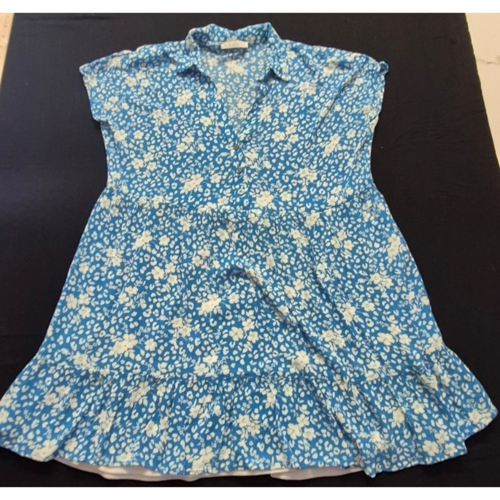 Karlie blue/white floral print collared ruffle hem mini dress SM lined boho